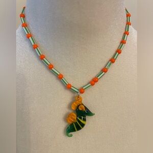 Green Orange Seahorse Pendant Beaded Necklace